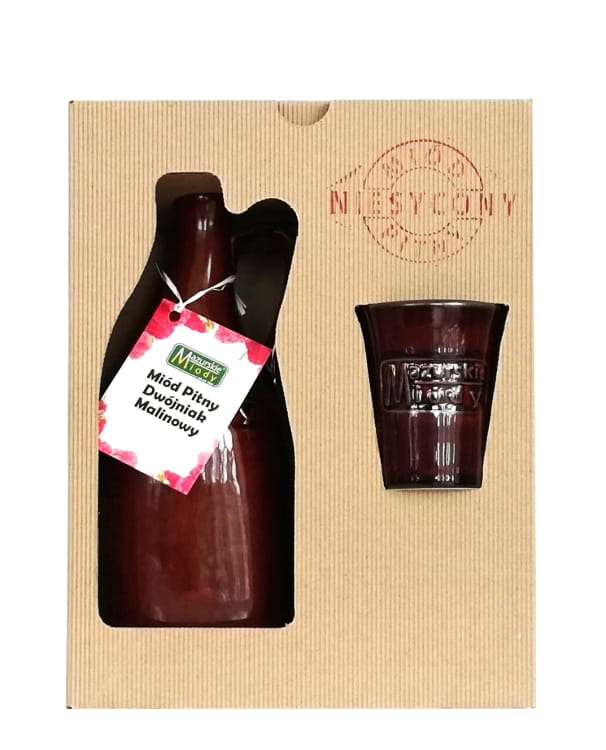 Zestaw miód Pitny Dwojniak malinowy w kamionce 16% 0,6l + ceramiczny kubek