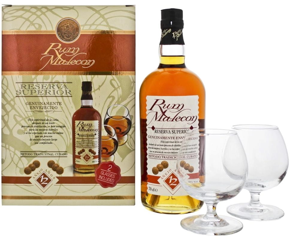 Zestaw rum Malecon 12 YO 40% 0,7l + dwie szklanki
